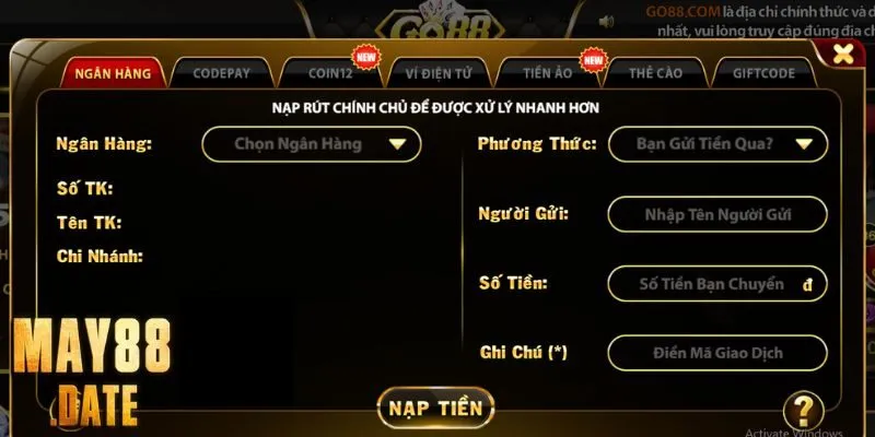 Người chơi nạp Go88 qua tài khoản ngân hàng